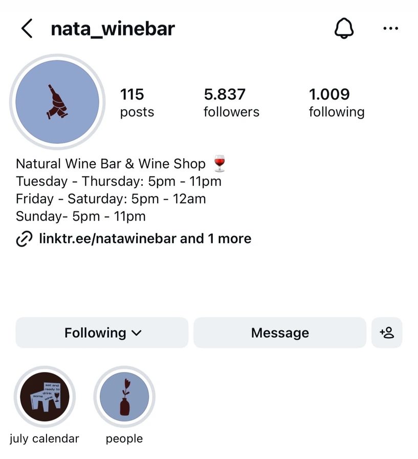Perfil de Instagram da Nata Wine Bar
